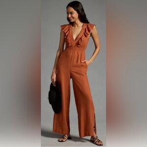 By Anthropologie V-Neck Ruffle Jumpsuit Preowned